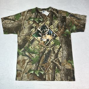 Vintage Jon Q Wright Mens Large Realtree Camo Dear Graphic Hunting Shirt
